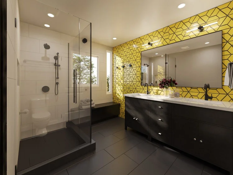 3D rendering of a Mar Vista master bathroom design featuring yellow geometric tile, a dark double vanity, black fixtures, glass shower enclosure, dark flooring, and modern finishes.
