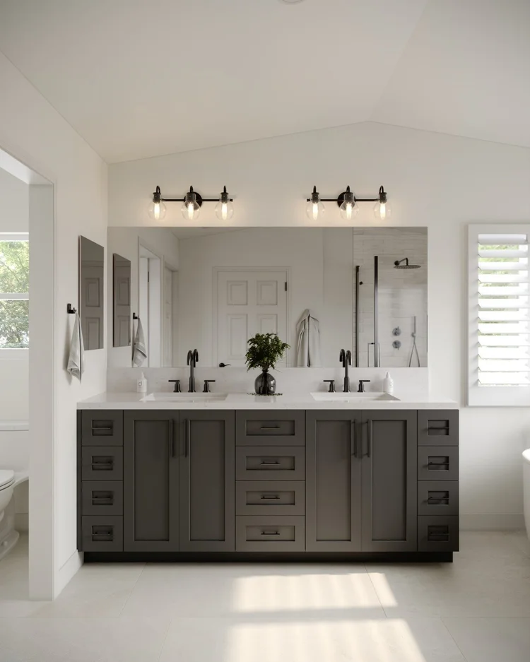 3D rendering of a Porter Ranch master bathroom design featuring a dark double vanity, freestanding tub, glass shower enclosure, black fixtures, white shower tile, and built-in niche.