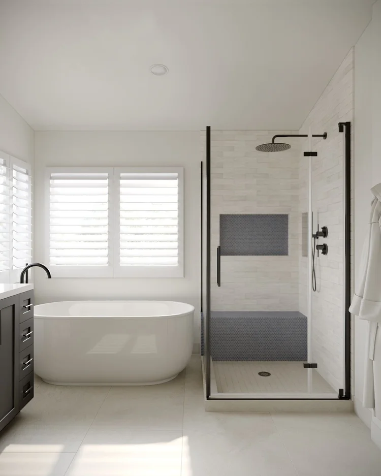 3D rendering of a Porter Ranch master bathroom design featuring a dark double vanity, freestanding tub, glass shower enclosure, black fixtures, white shower tile, and built-in niche.