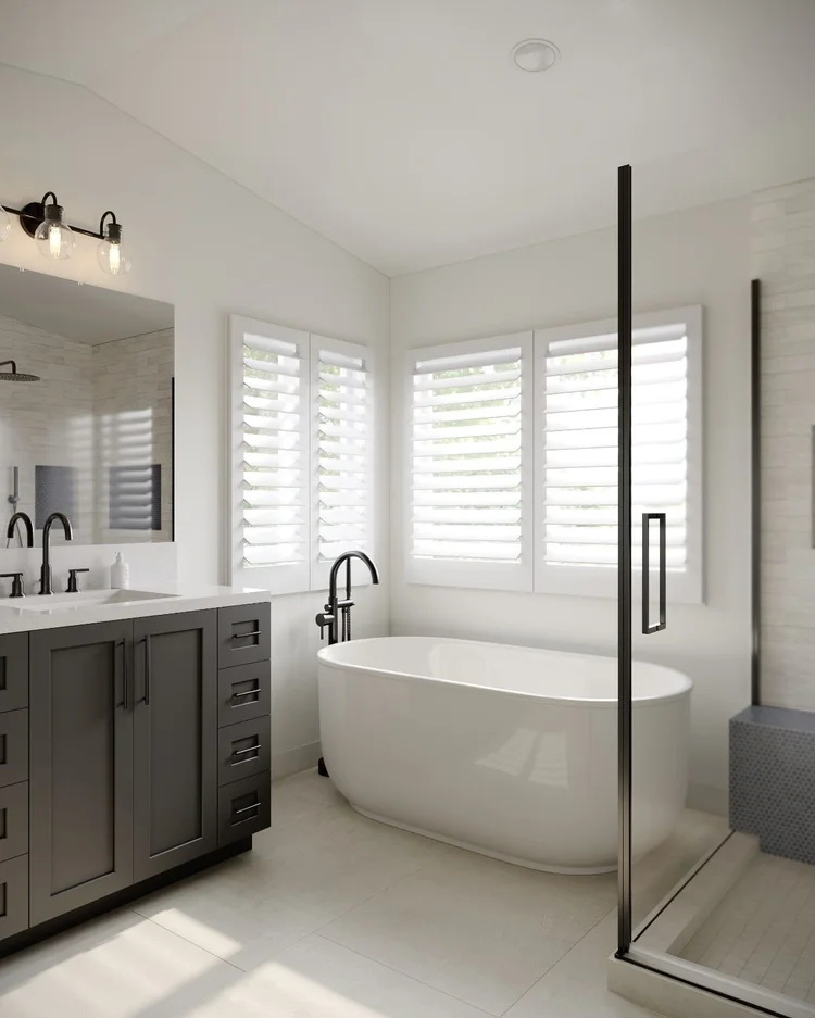 3D rendering of a Porter Ranch master bathroom design featuring a dark double vanity, freestanding tub, glass shower enclosure, black fixtures, white shower tile, and built-in niche.
