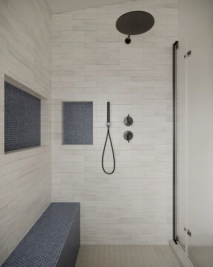 3D rendering of a Porter Ranch master bathroom design featuring a dark double vanity, freestanding tub, glass shower enclosure, black fixtures, white shower tile, and built-in niche.